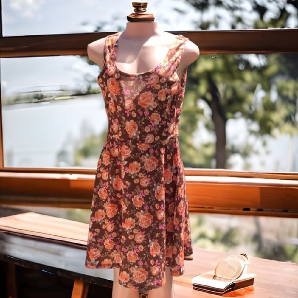 Tomsware Brown Floral Rose Fit & Flare Dress Sleeveless Cottagecore Fall